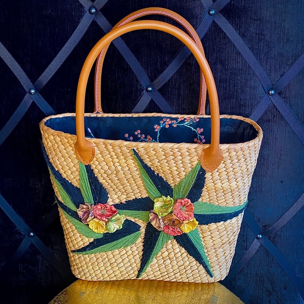 Embroidered Straw Tote Bag in Natural with Green Accents - Picture 3 of 11